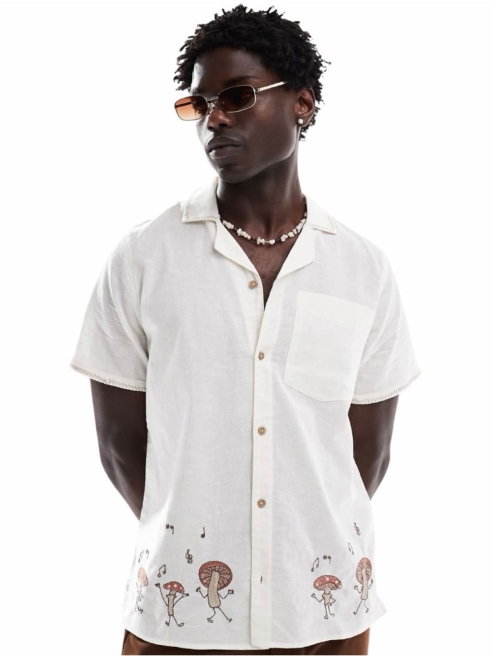 Hollister Off White Button Down Short Sleeve Shirt with Embroidered Mushrooms